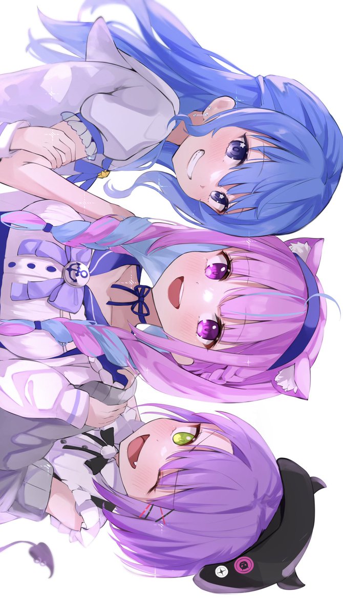hoshimachi suisei ,minato aqua ,tokoyami towa multiple girls 3girls purple hair blue hair animal ears smile long hair  illustration images