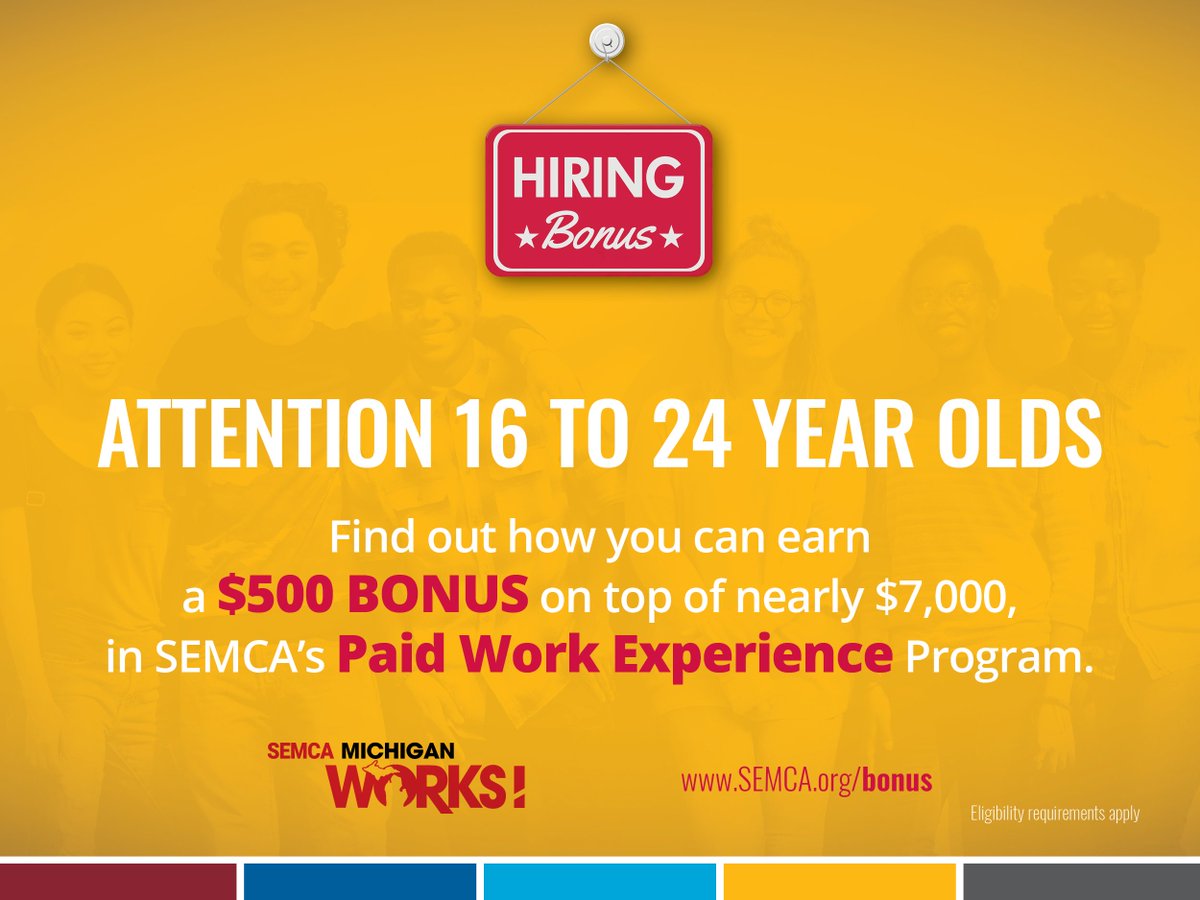 SEMCAMiWorks's tweet image. Interested? 

Take the first step. 👇
Complete the youth interest form
🌐 SEMCA.org/bonus

You can be on your way to earning nearly $7,000 over 12 weeks and wrapping up this &quot;Learn &amp;amp; Earn&quot; experience with an extra $500. 

#paidworkexperience