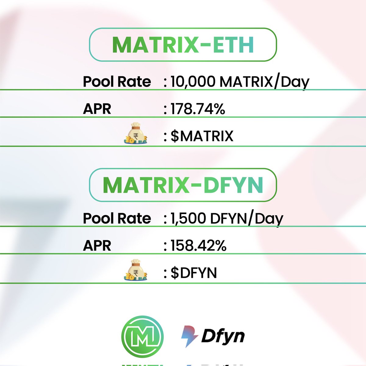 crypto_pranav's tweet photo. 🔥💰🔥
Early #Farmrr will get higher #APR
Just look at another yeild farming phase of @matrixswap on @_DFyn
👉https://t.co/ttSSlQEds0
178% APR on $MATRIX - $ETH
158% APR on $MATRIX - $DFYN
#yieldfarming #APR #defiyield
#DfynNetwork #DfynExchange #CryptocurrencyNews #Crypto https://t.co/yCHCvMsho7