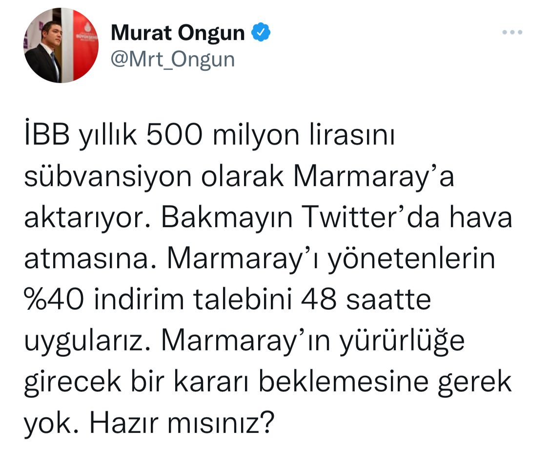 Yalanda sınır tanımıyorlar.

İşin aslı;
1. Marmaray'a İstanbulkart ile ödeme yapılır.
2. Bu ödemenin TAMAMI İBB'nin havuzuna gider.
3. İBB bu paradan hizmet bedeli alır.

Marmaray'a buradan gelen 2021 yılında 385 Milyon TL’dir.

Yalanın boyutunu da siz hesaplayın.