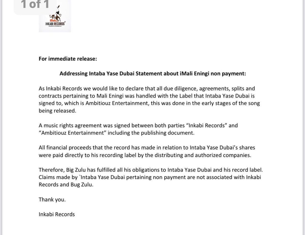 Release from Inkabi Records/ Big Zulu Regarding the Intaba Yase Dubai Facebook post.
Ambitiouz has his money but bathule ngayo