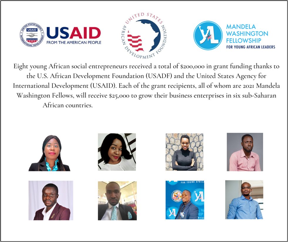 Congratulations to the eight #YALI2021 #MandelaFellows Alumni who each received $25,000 from <a href="/USADF/">U.S. African Development Foundation</a> and <a href="/USAID/">USAID</a> to grow their business enterprises and create positive changes in their countries.  Learn more: mwfellows.info/3vjqwZO <a href="/ECAatState/">Educational & Cultural Affairs—U.S. Dept. of State</a> <a href="/exchangealumni/">Exchange Alumni</a>