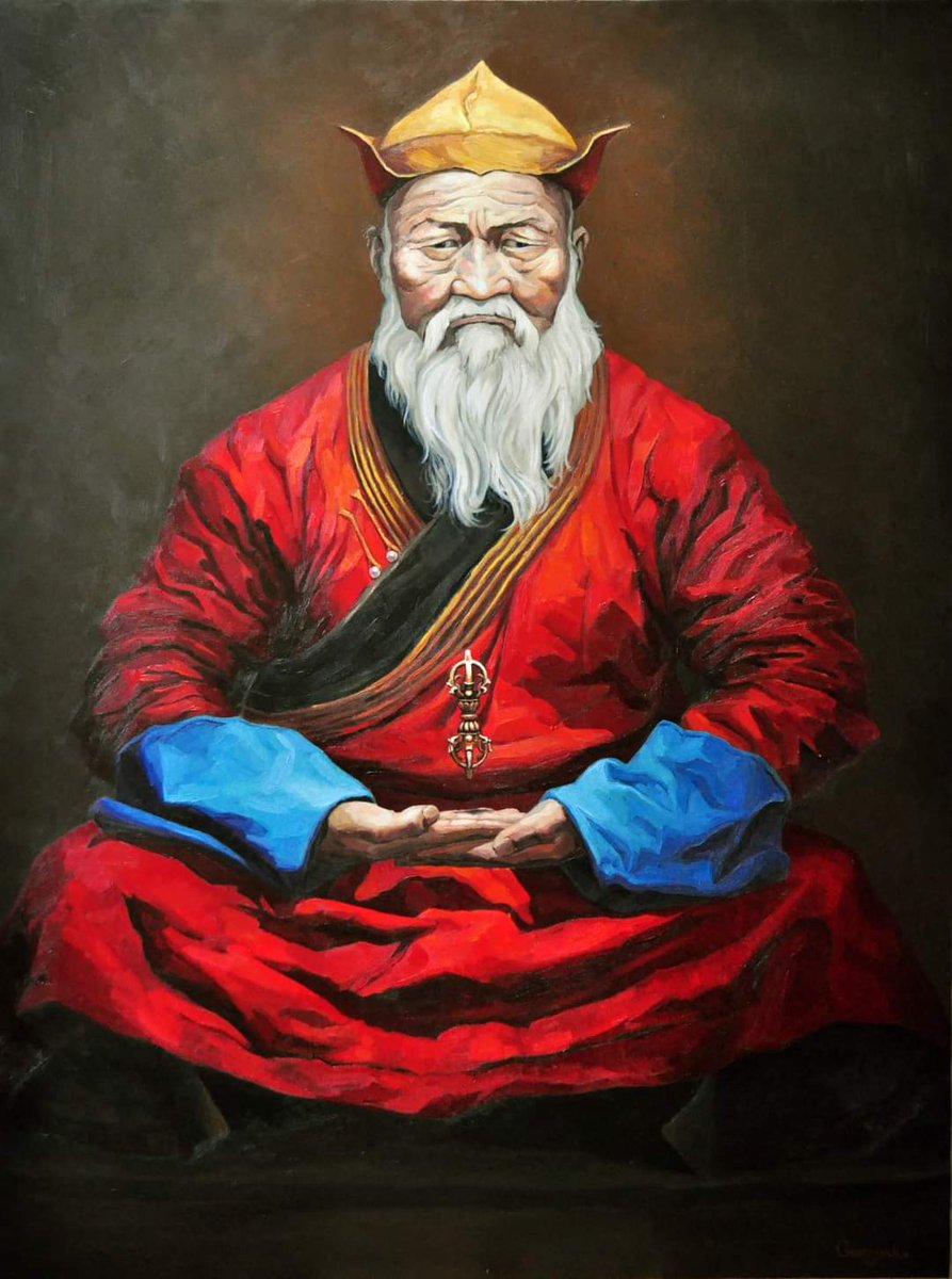 Gansukh_Art's tweet photo. Дандар аграмбын зургийг өөрийн санаагаар зурах гэхэд материал дутсан тул өөрийн элэнц өвөөгийн лам дээл, өвөөгийнхөө бурхан дотор байсан очрыг зурсан түүхтэй байдаг.

2013 онд "Дандар аграмба"-ын зургийг 120х90см хэмжээтэйгээр зотон дээр тосон будгаар зурж байжээ. https://t.co/vaHQSrRecQ