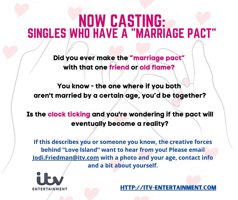 WeAreITVA's tweet photo. 📣 CASTING CALL! 📣

Singles! 💕 Have you ever made a "marriage pact" with a best friend or an ex? 👀 You know, the one where if you both aren't married by a certain age, you'd be together? 

Follow us at ITVAmerica on Instagram to learn more! 
https://t.co/CG39zdeQYU https://t.co/ZMTsEm7pn7