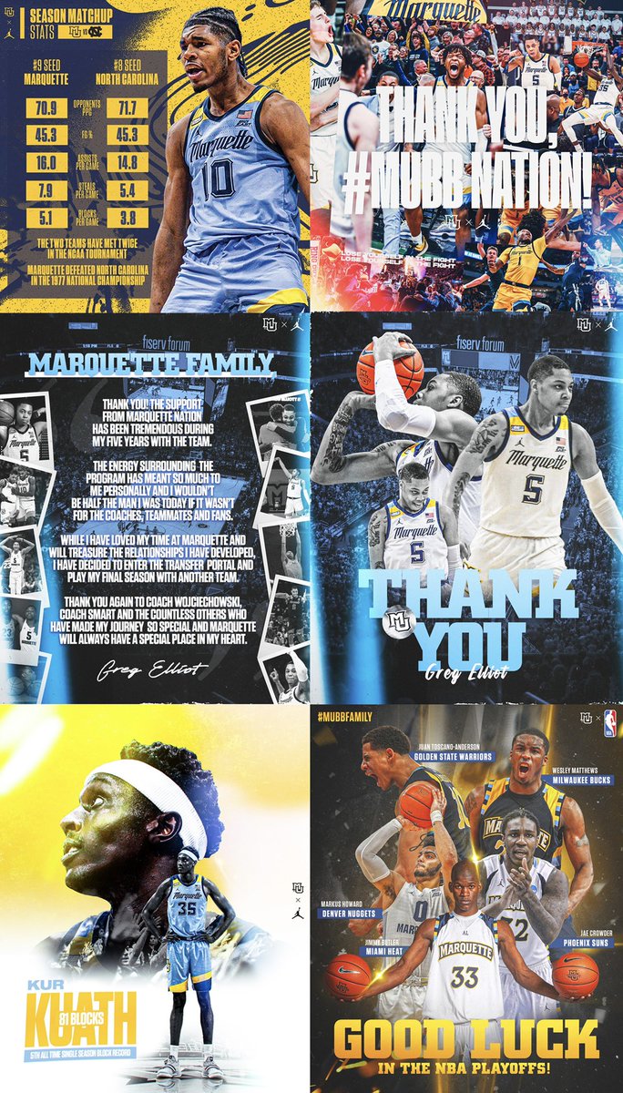 Here are my last six graphics made for Marquette Basketball. 🤝

If anyone has any opportunities for work this summer/fall, please let me know!

#SMSports #graphicdesign #sportsdesign