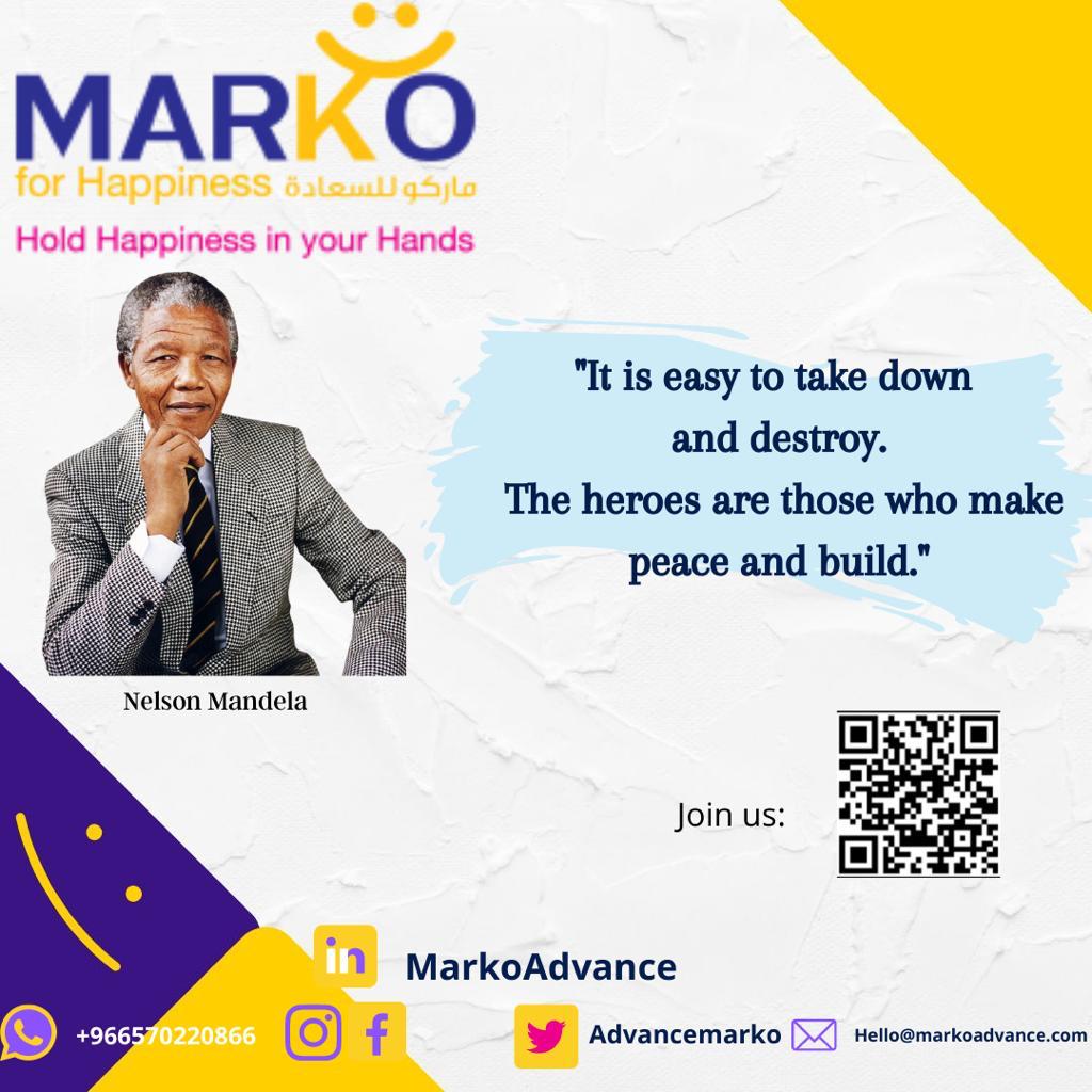 AdvanceMarko's tweet photo. "It is easy to take down and destroy. The heroes are those who make peace and build"
Join us 👇🏼
#MARKO_for_Happiness #markoadvance #Peace #build #herose #تطوير #إدارة #nelson_mandela https://t.co/Vb1uXsmCdc