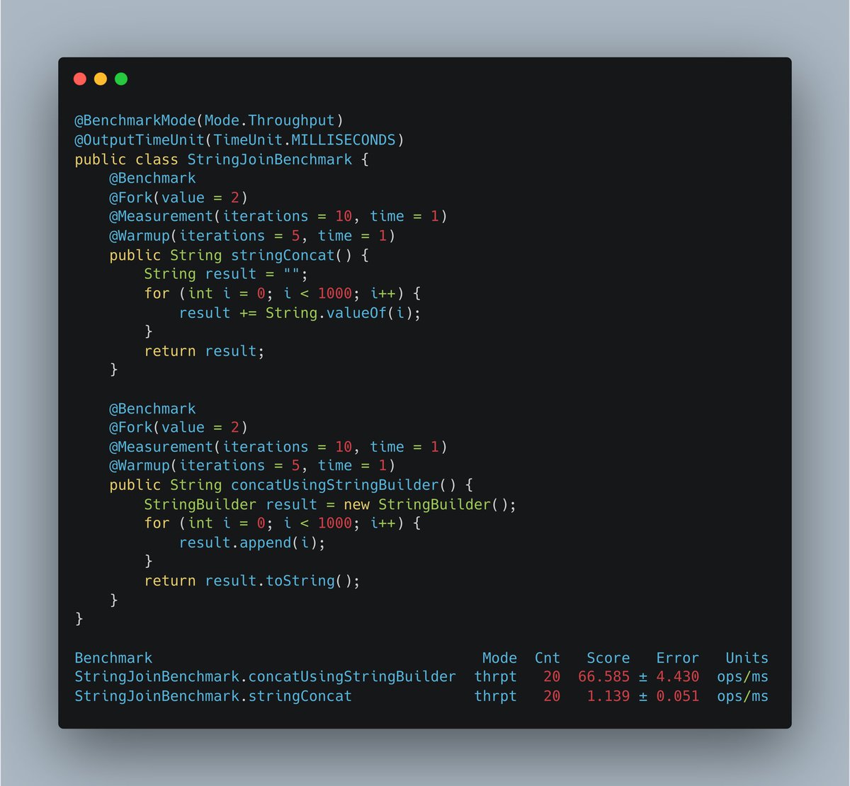 JavaCodeDaily's tweet image. ⏱ Java Microbenchmark Harness (JMH) is a library for writing performance benchmarks for a specific piece of code.

Manual benchmarks often produce false or misleading results due to JVM optimizations.  JMH helps to mitigate these.