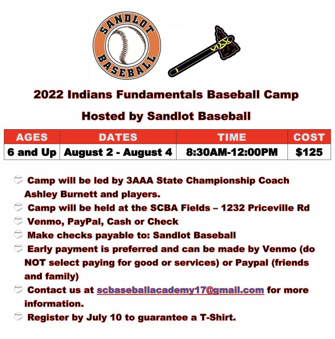 SCBaseballAcad's tweet image. Sandlot Baseball is excited to be hosting the 2022 Indians Fundamentals Baseball Camp. Camp will be held on August 2-4 from 8:30AM-12:00PM. Cost is $125. See attached flyer for more details! 

Sign up here! forms.gle/uoVgnGHCkUEP6g…