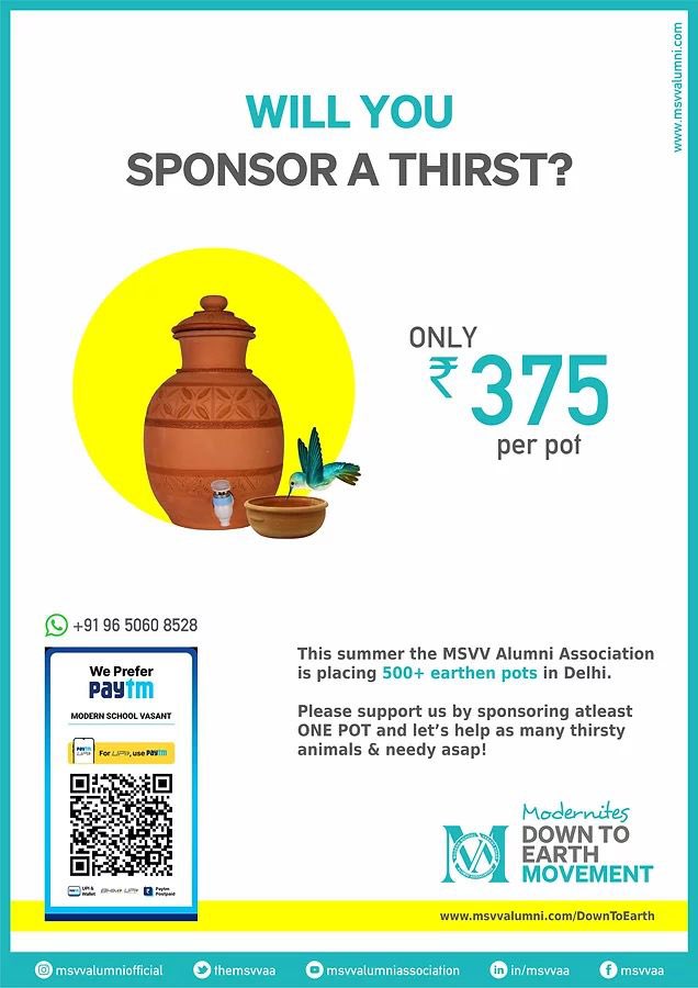themsvvaa's tweet photo. With the "Modernites - #DownToEarthMovement “, we're determined to place 500+ earthen pots in Delhi NCR to quench the #thirst of animals or the needy!
1) To Volunteer
Your 🅱️atch Coordinator / 
📞Karan Tuli +91 99900 96040
 2) To Sponsor
🅿️ PAYTM@9650608528

INR 375/- per pot https://t.co/wVzCwQip2K