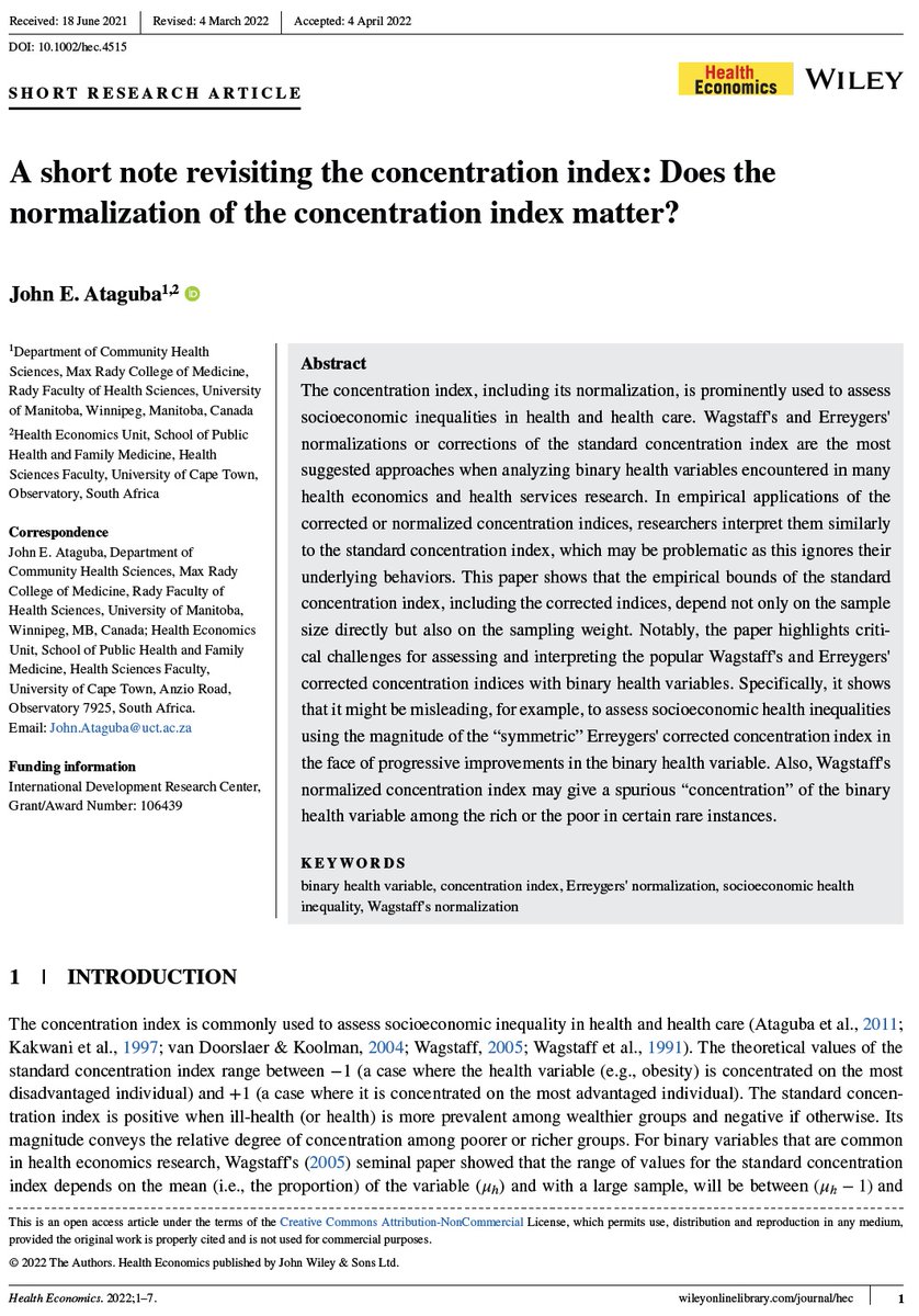 John E. Ataguba (@john_ataguba) on Twitter photo New in Health Economics: examining the concentration index's normalisation for assessing socioeconomic inequalities in health. Can normalising be counterintuitive for policy?
doi.org/10.1002/hec.45… <a href="/um_research/">uManitoba Research</a> <a href="/UCT_Research/">UCT Research</a> @HEU_UCT <a href="/healtheconomics/">International Health Economics Association (IHEA)</a> <a href="/annrebi/">Chega Ataguba</a> <a href="/AfHEA_Africa/">African Health Economics and Policy Association</a> New in Health Economics: examining the concentration index's normalisation for assessing socioeconomic inequalities in health. Can normalising be counterintuitive for policy?
doi.org/10.1002/hec.45… <a href="/um_research/">uManitoba Research</a> <a href="/UCT_Research/">UCT Research</a> @HEU_UCT <a href="/healtheconomics/">International Health Economics Association (IHEA)</a> <a href="/annrebi/">Chega Ataguba</a> <a href="/AfHEA_Africa/">African Health Economics and Policy Association</a>