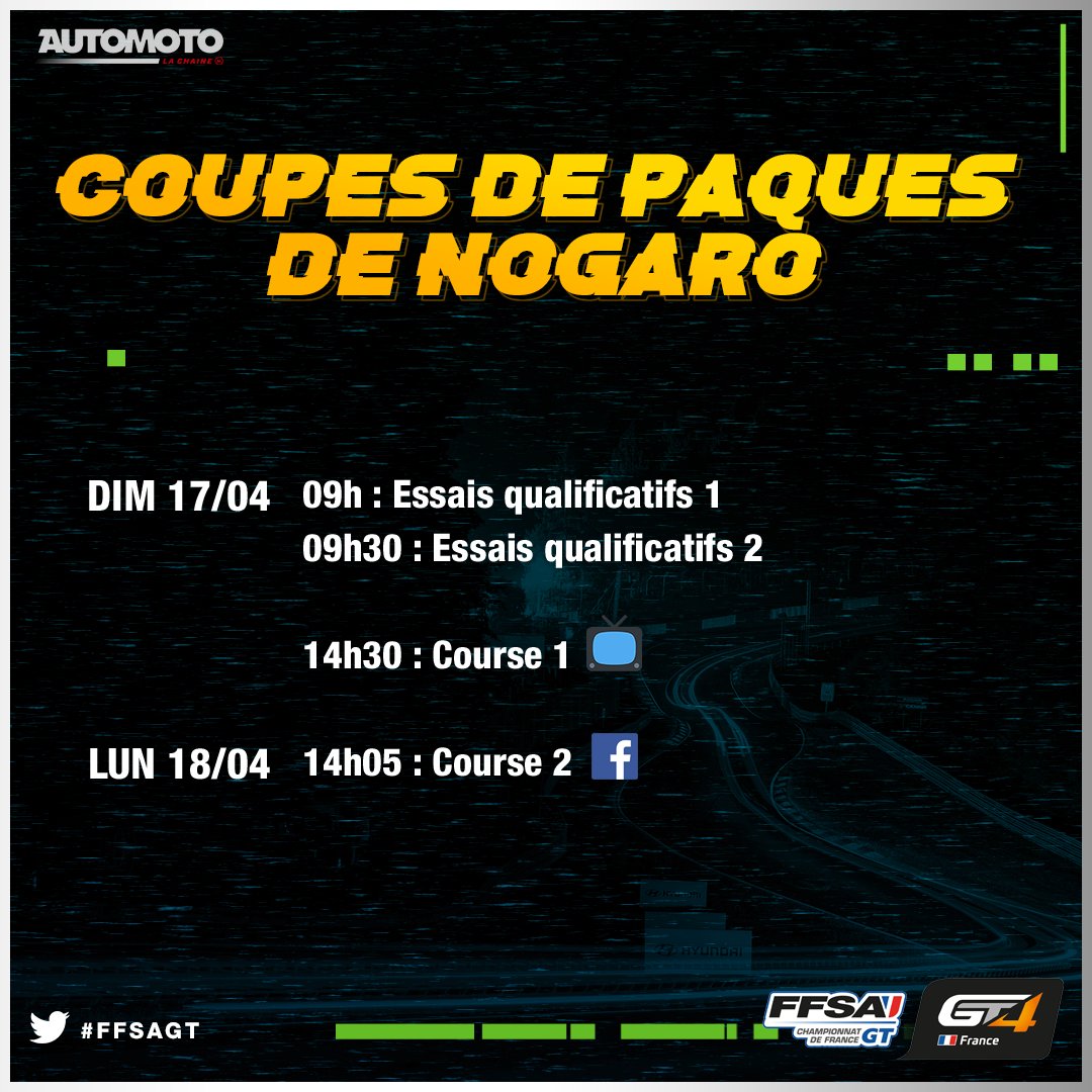 chaine_automoto's tweet photo. La #FFSAGT ça démarre ce week-end, à #Nogaro !
On se donne RDV en live, à l'antenne pour la Course 1 et sur notre Facebook pour la Course 2. ⬇️
#CoupesdePâques @ffsa_gt #GT4 https://t.co/KJeiBNuEFV