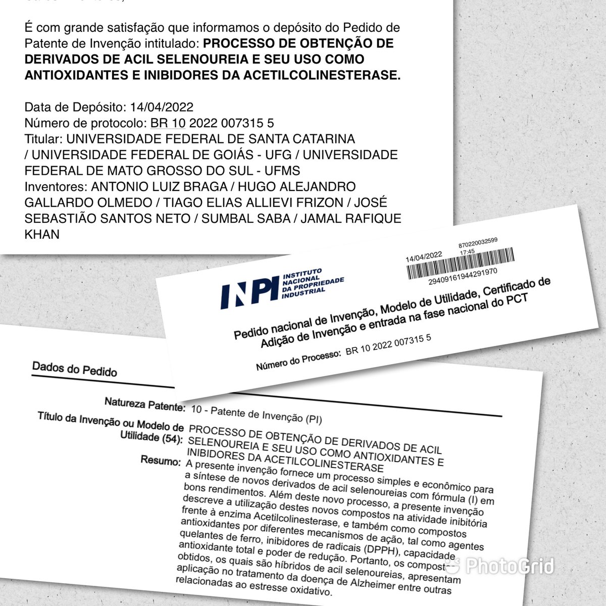 First Patent deposited with the <a href="/ufmsbr/">UFMS</a> affiliation. 
Thanks for an excellent collaboration from the <a href="/ufg_oficial/">UFG</a> (<a href="/SumbalSaba/">Sumbal Saba</a>),   
<a href="/quimicaufsc/">Curso Química - UFSC</a> <a href="/UFSC/">UFSC</a> (<a href="/A_L_Braga/">Antonio Luiz Braga</a> , Hugo Gallardo, Tiago Frizon, Zé Neto)