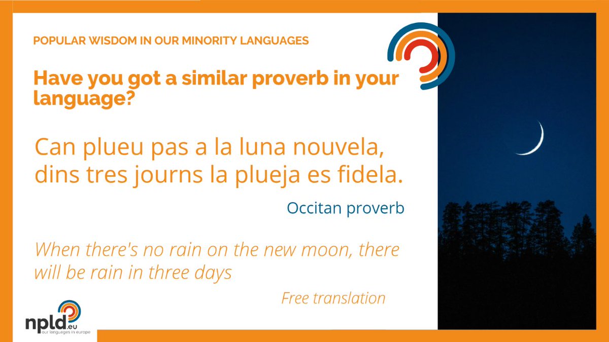 npldeu's tweet photo. "Can plueu pas a la luna nouvela, dins tres journs la plueja es fidela" 
[Occitan proverb] from this wonderful digital resource offered by the Mediateca Occitanica: https://t.co/F9Q5hQU32t

#occitan #proverbs #proverbesoccitans #npldeu https://t.co/4GMJFZWZwt