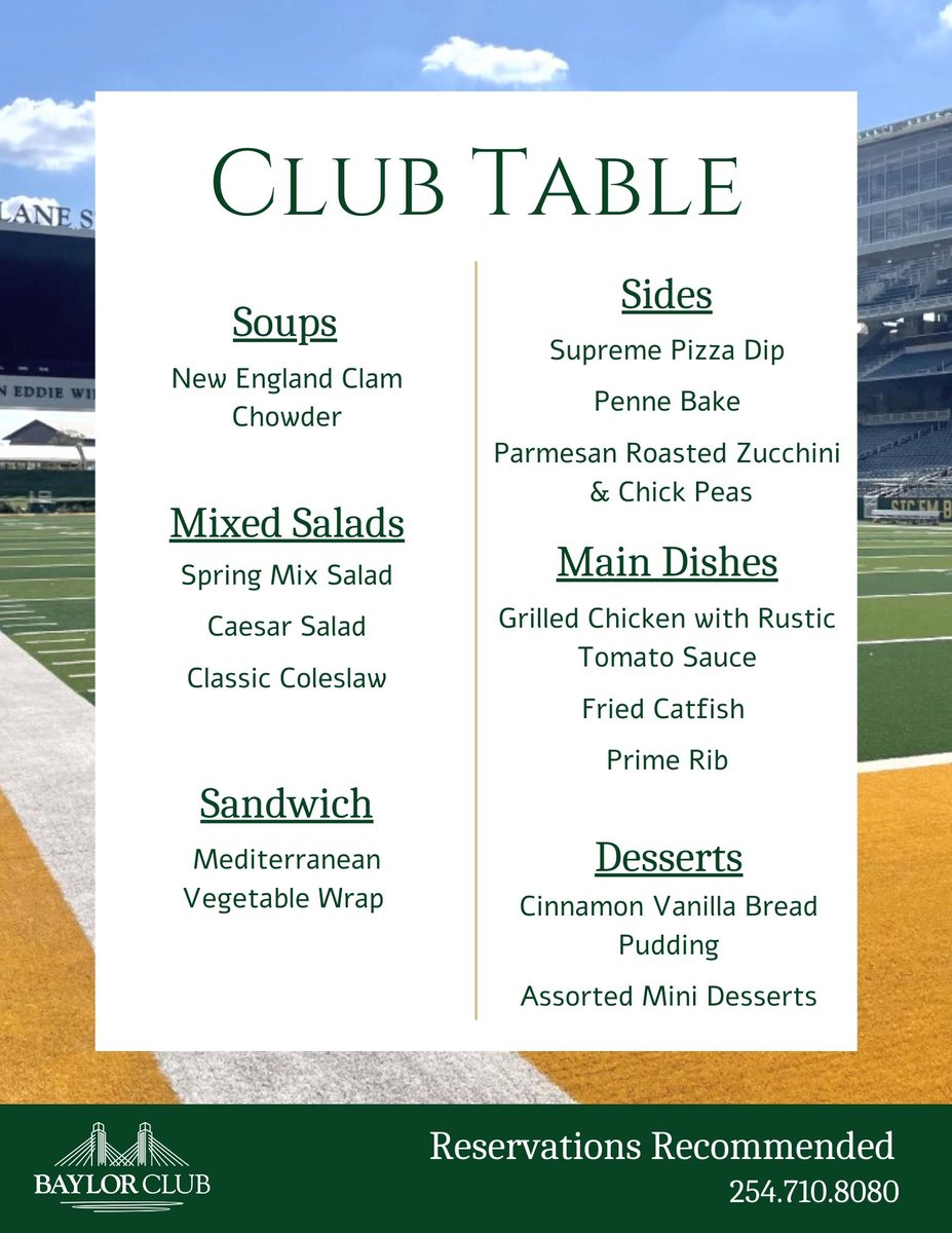 BaylorClub's tweet photo. It's Friday! Come celebrate the end of the week with the Baylor Club Table! Lunch is from 11:30 am to 2:00 pm. Call 254.710.8080 to make your lunch reservations! https://t.co/mK4VpTaixb
