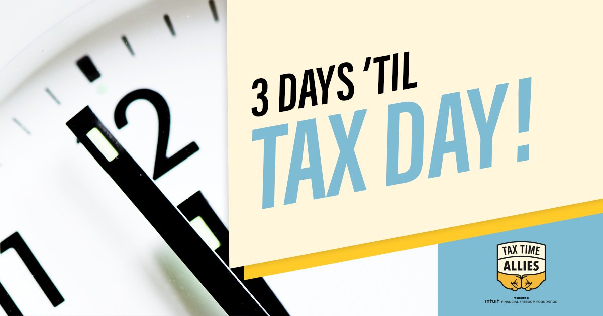 TaxTimeAllies's tweet photo. Tax Day is just 3 days away! It's not too late to find IRS resources to help make sure you get any money owed to you back in your pocket. Check here for local help: https://t.co/QXRDJZOsAW https://t.co/YvJmri4st0
