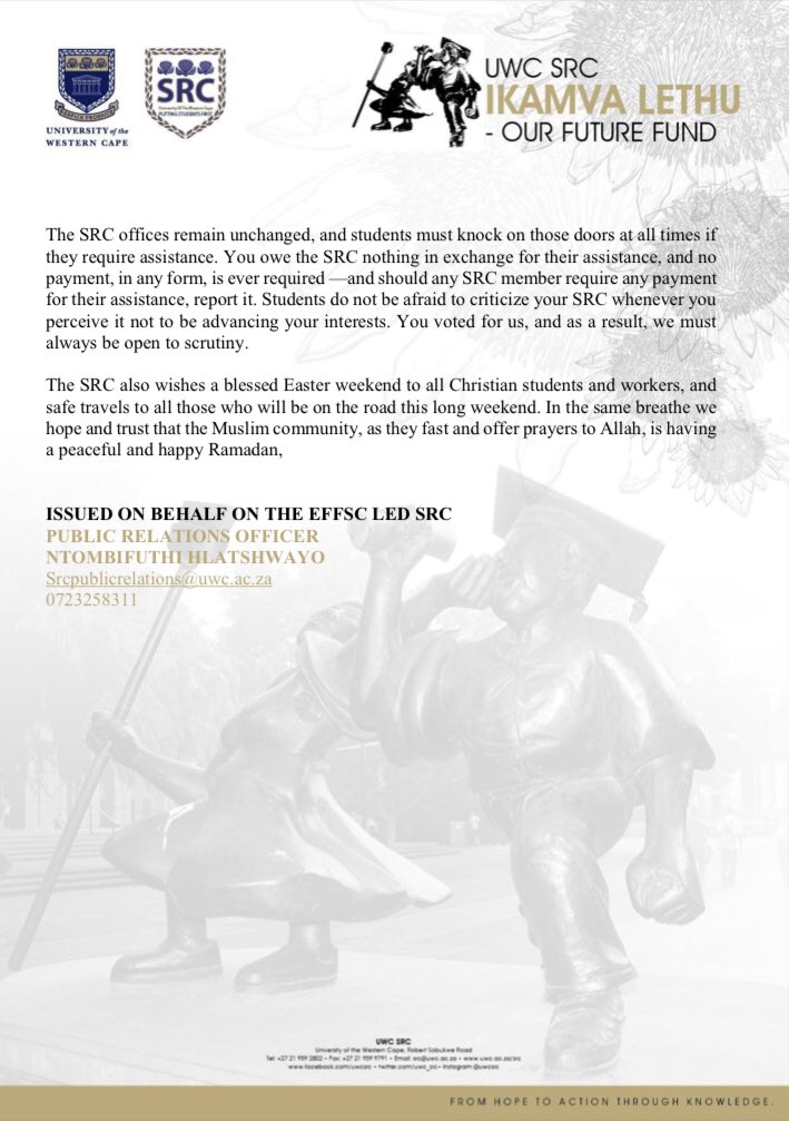 UWCSRC's tweet image. EFFSC LED-SRC INTRODUCTORY STATEMENT 

The statement deals with the introduction of SRC members with their respective portfolios together with their contact details.

Please do follow the following link for all other SRC statements in a pdf format. Link: tinyurl.com/uwcsrcstatement