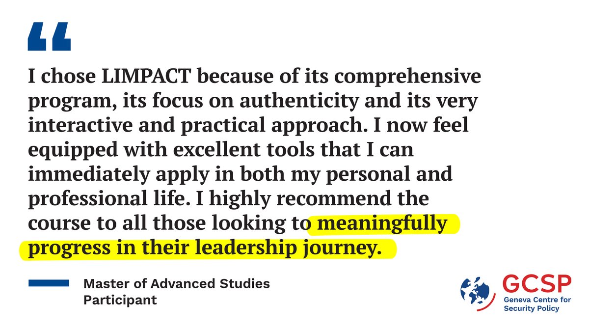 TheGCSP's tweet photo. Join our Lead and Influence with Impact course #LIMPACT, few scholarships available!
https://t.co/sjMiGe4gVk
#GCSP #GenevaLeadershipAlliance #Leadership https://t.co/d8LJaBZQGw