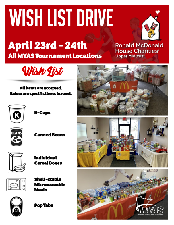 MYASMinnesota's tweet photo. Our basketball tournament on April 23-24 will be our annual collection weekend for @RMHUpperMidwest. MYAS families have donated thousands of dollars worth of items each year to this great cause. To donate online, please go to: https://t.co/1POo46C3Dq. https://t.co/UjhIzulevO
