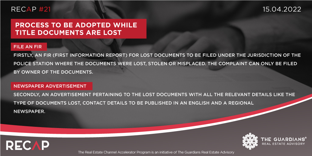 TheGuardiansREA's tweet photo. Do you know the steps to be followed when title documents are misplaced?
We've got you covered.
#RECAP21 #TitleDocuments #RealEstate #FIR #TheGuardians #RealEstateAdvisoryFirm #SalesDeed #ShareCertificate https://t.co/cWJf8gNUqv