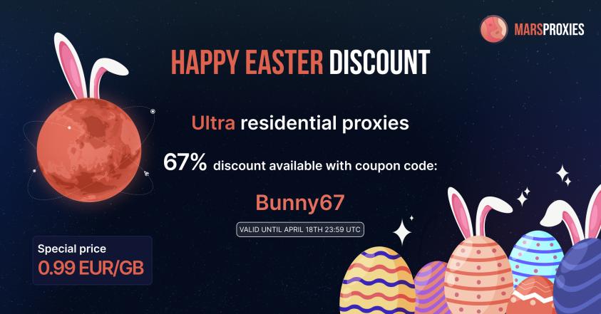 🐇🥚  Mars Proxies wish everyone a Happy Easter! 🐇🥚 
Enjoy your Holidays! 
Also keep in mind:
-  Ultra Residential Proxies are non expiring, you will keep your GB until you have used all

🐰🐰 1 Random Retweet will receive 3GB for free! 🐰🐰