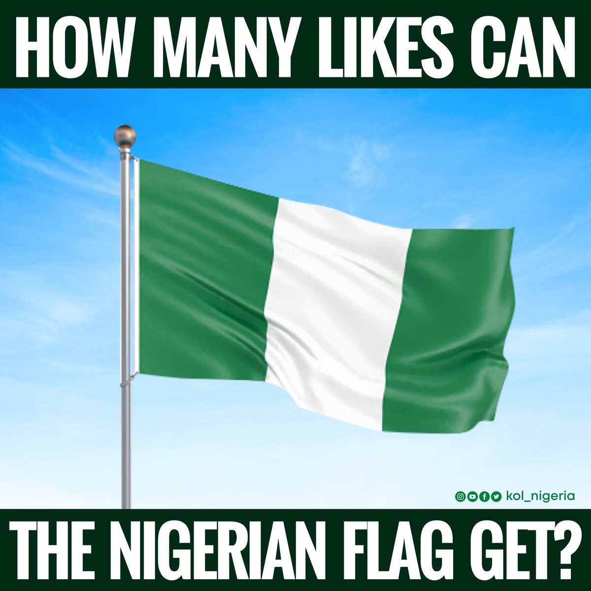 How many likes can the Nigerian flag get ?

Like this tweet and let us know 😊

#nigerianflag #believeagain #KHADIJAH23 #LoudHer #OneOfUs #BelieveAgain #MakeNigeriaWork #youthforAll #youthforYouth #worldpolitics #nigeriadecides2023 #womeninpolitics #womeninleadership