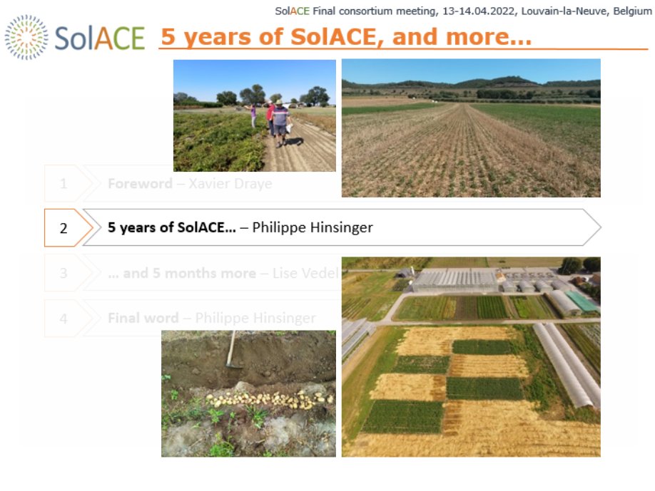 Projet UE <a href="/SolACE_EU_NET/">SolACE</a>: comment adapter la production durable de blé et pomme de terre face aux contraintes climatiques? Plusieurs leviers: variétés, ITK, OAD, inoculants bactériens, additifs agronomiques... les pistes sont nombreuses et prometteuses.

solace-eu.net
