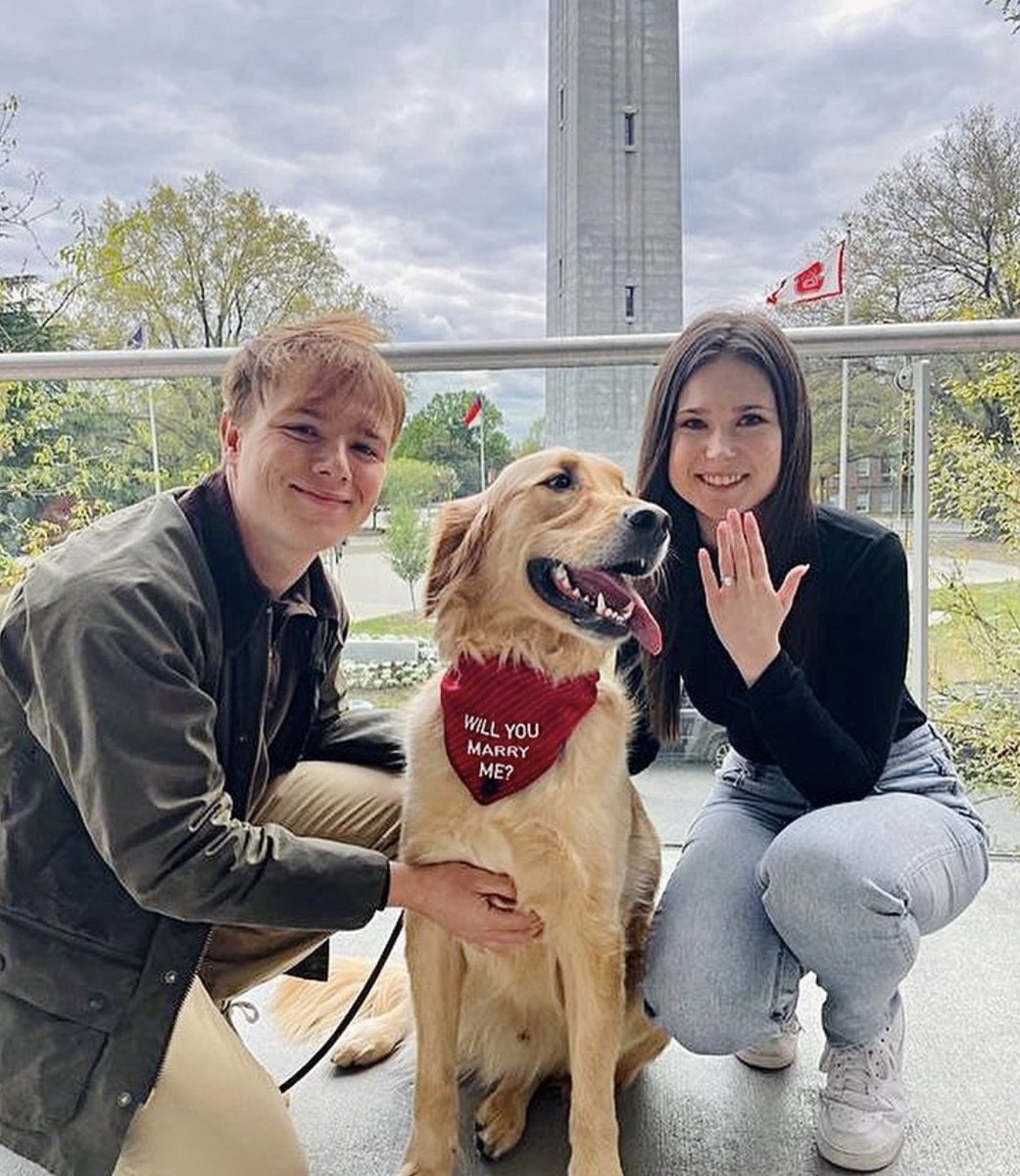 NCStatePoole's tweet photo. SHE SAID YES! 💍❤️
These #PoolePack 2020 grads recently got engaged at the @NCState Memorial Belltower! 🥰
Leland Hill and Hannah Headen met while studying abroad in Germany and now they are getting married!
Congrats you two! ❤️🐺🐾 https://t.co/lZ6c9GT2eJ