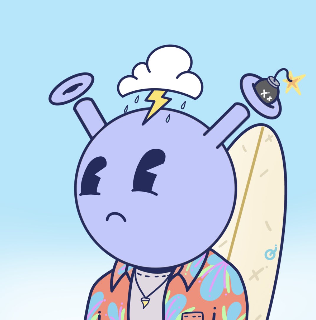 Have been wanting one of these since the <a href="/quirkiesnft/">Quirkies</a> team put out the promo vid with the branded boards. 

I like how this tells a short story of a quirk who wanted to catch some waves 🌊☀️, but can’t cause it’s raining and now he’s sad (and maybe angry judging by the antenna?)
