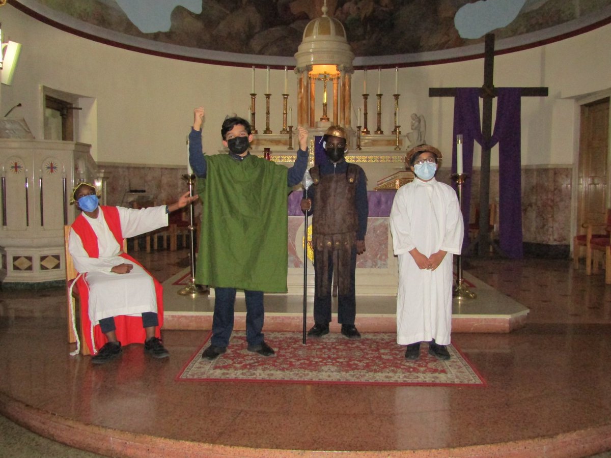 OLMCblueknights's tweet photo. Ms Sternik and the 7th Grade prepared a presentation of the Living Stations of the Cross for the school community to participate in. Their presentation reminds us of the ultimate gift of love that we remember each Good Friday. #GoodFriday #olmcblueknights #asburypark https://t.co/eyK7MTyRzR