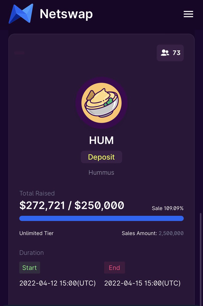 hummusdefi's tweet photo. 15 minutes remaining in our @netswapofficial IDO! 

Haven’t joined the #HUMMUS party yet, get your creamy dip here👇
https://t.co/EJeMH7hymH https://t.co/uqh8UCqeJb