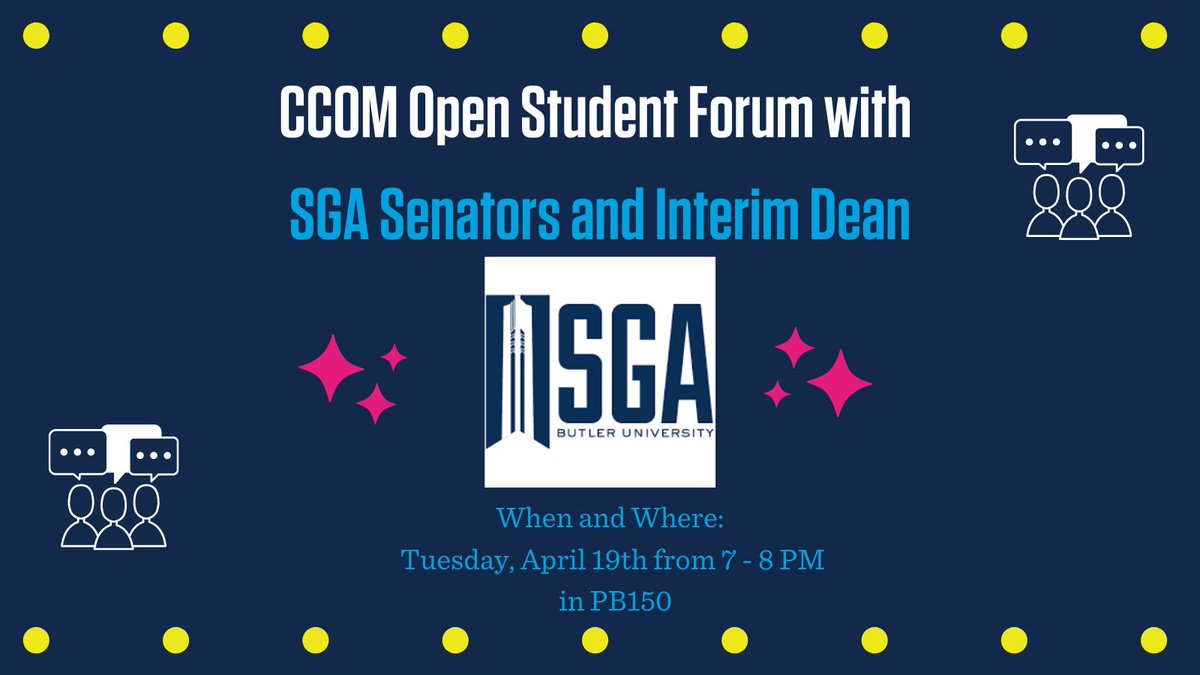 Next Tuesday CCOM's @ButlerSGA senators, Grace Worcester and Caroline Wenokur, will be hosting the CCOM Student Forum to gather student feedback on the state of the College of Communication. All CCOM students, faculty, and staff are welcome to join from 7 - 8 PM in PB 150.