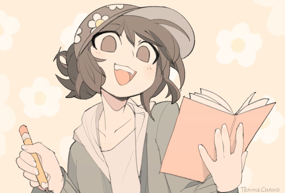 solo 1girl holding book hat open mouth smile  illustration images