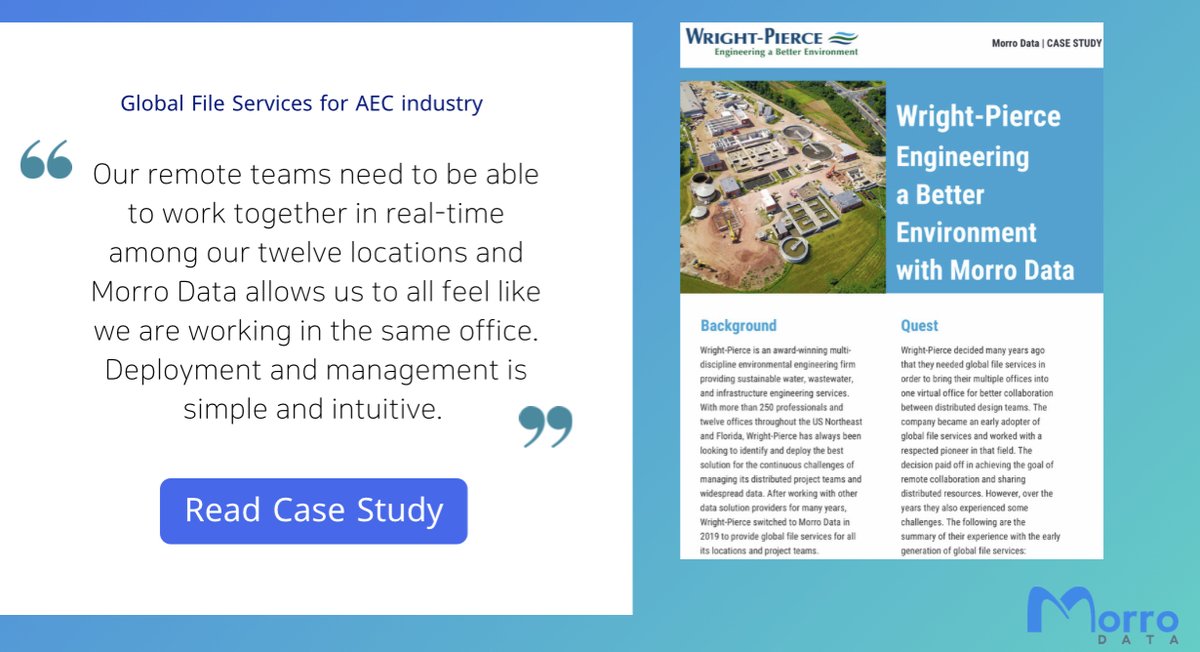 morrodata's tweet photo. An engineering company deployed Morro Global File Services for their 12 offices and integrated hybrid cloud storage into their workflows - improving efficiency and productivity. Read the full story: https://t.co/2RACVqT7gA

#MorroData #cloudstorage #casestudy #collaboration https://t.co/AiwY9HXqEF