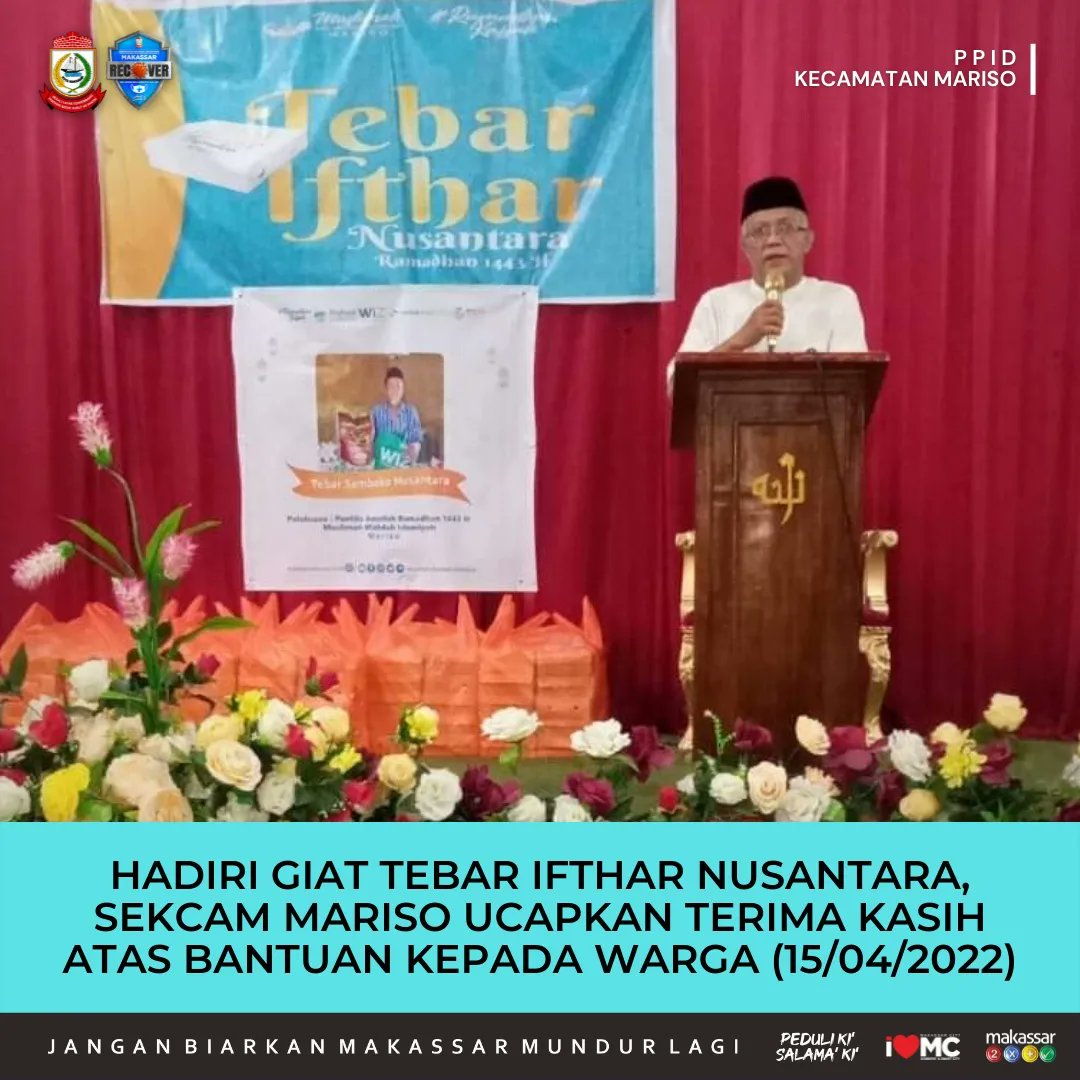 Sekcam Mariso Muh. Ikbal, S.KM., M.Kes menghadiri Kegiatan Tebar Ifthar Nusantara yang diselenggarakan oleh Wahdah Islamiyah di Gedung Wanita Jalan Bajiminasa, Jumat (15/04/2022)

m.facebook.com/story.php?stor…