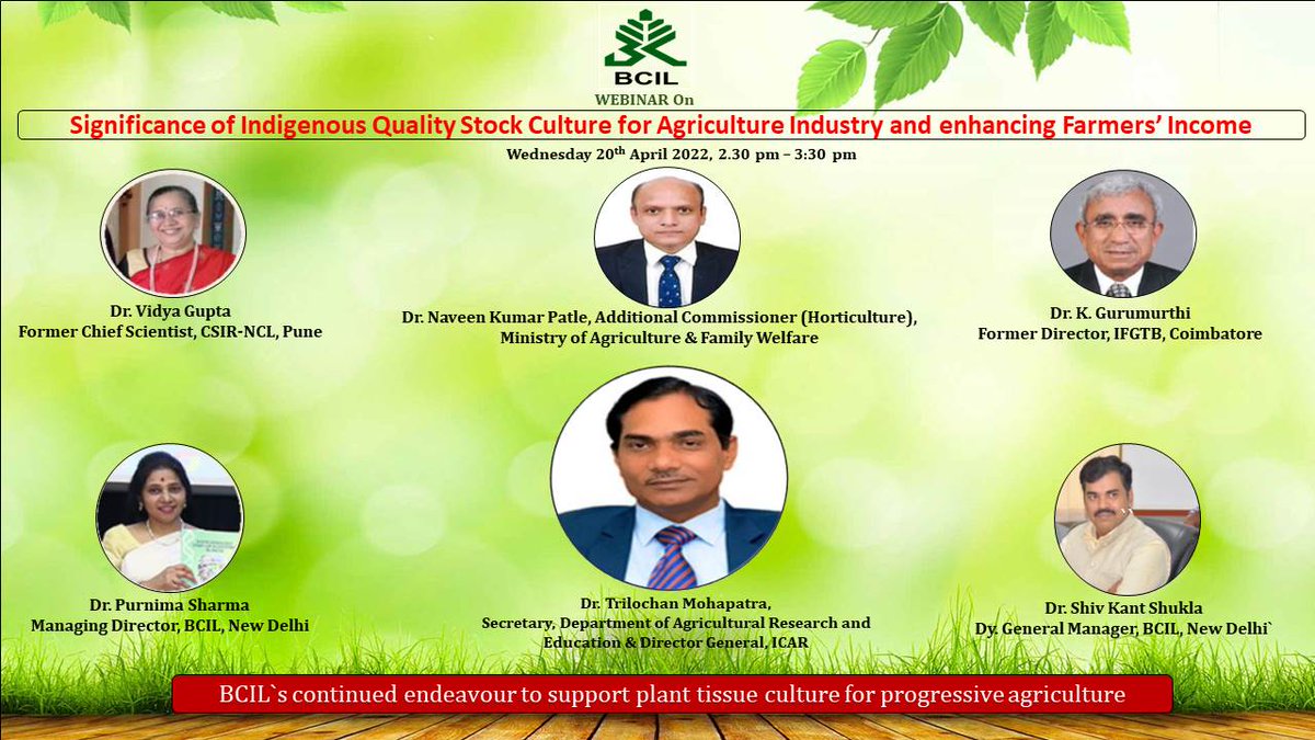 Biotech4India's tweet photo. BCIL is organizing webinar to sensitize stakeholders on quality stock culture. Webinar will highlight potential of indigenously produced economical quality stock culture for sustainable agriculture. Authorities &amp; eminent experts would address participants. https://t.co/ARma6E2Cvh
