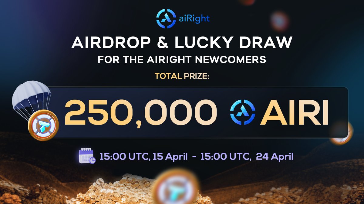 🚀250,000 $AIRI #Airdrop &amp; lucky draw for the aiRight newcomers

💸20 $AIRI each for the first 10k people complete all tasks on Gleam: bitly.com.vn/pa0xhs

🎟️2000 $AIRI each for 25 lucky collectors who buy an NFT on airight.io/marketplace

Read more: bitly.com.vn/1wyet0