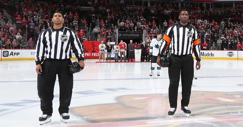 usahockey's tweet photo. With his @NHL debut, Jordan Samuels-Thomas was part of the officiating duo that made history last night.

“It’s been a lifetime of work and I had all my family here in the stands … so, special to share the moment with them.”