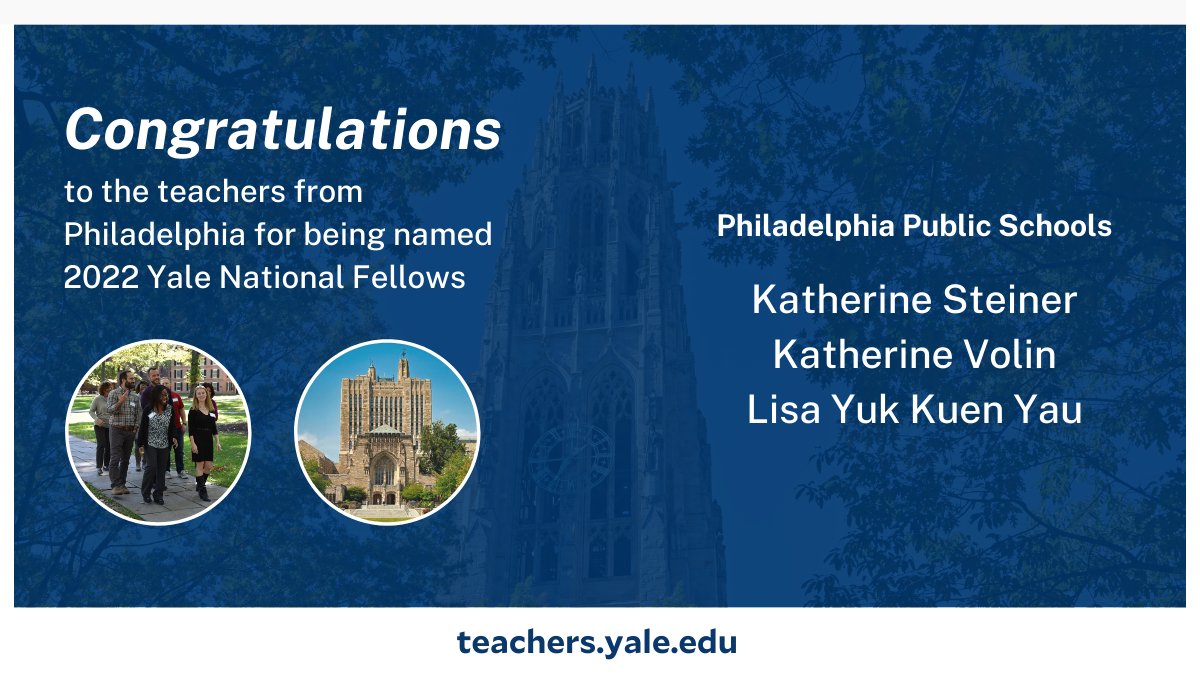 YNInitiative's tweet photo. Three #publicschool teachers from @PHLschools will participate in our national seminars &amp; Intensive Session as Yale National Fellows.
@SDPHite @LisaYau5 @BFHSNews @KeySchoolPHL @PaulineCheung18 @greenberg65 @TIPatPenn @SenBobCasey @WesleyWhistle @CongBoyle @RepDwightEvans @RepMGS https://t.co/TAfQjxIWQ1