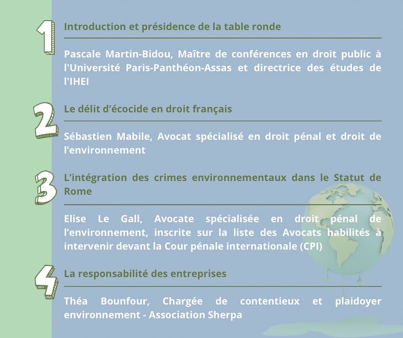🗓️Rendez-vous mardi 19 avril pour une table ronde sur l'#écocide organisée par @M2JPI_Assas, @Assas_E et Tribunes Assas.

<a href="/TBounfour/">Théa Bounfour</a>, chargée de contentieux et plaidoyer environnement à Sherpa, reviendra sur la responsabilité des entreprises.
Inscriptions➡️bit.ly/3Eg4E5R