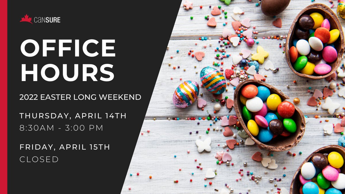 Cansure_MGA's tweet photo. Our offices are closed for the Easter Long Weekend! 🐇🐣 We'll be back on Monday, April 18th with our regular hours (local time).
#Cansure #officehours #statholiday #Easter #Easterlongweekend #GoodFriday #Canada https://t.co/1widHXsdfa