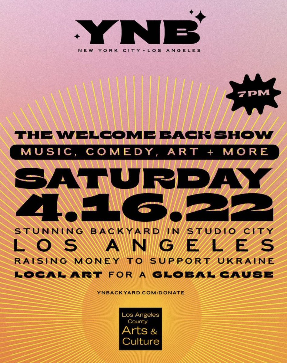 LA! We're coming back for our first in-person show since 2019 TOMORROW! ✨We’re raising money for Ukraine by bringing together some amazing comedians and musicians in a beautiful backyard in Studio City. Grab tix here: bit.ly/ynblaspring2022