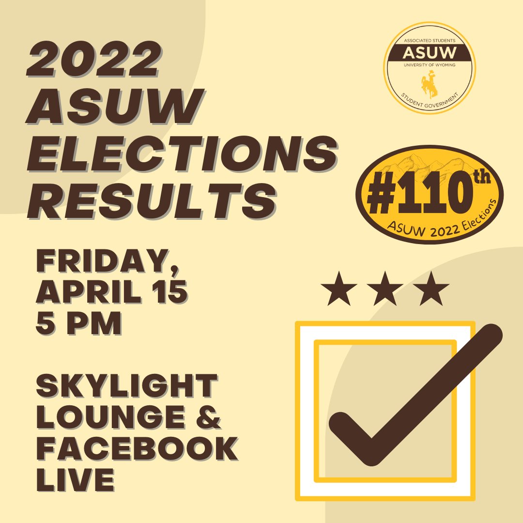 Do you want to know who has been voted to be President and Vice President, and the Senate? Come to the Skylight Lounge in the Union or watch on Facebook the announcement of who has won the 2022 ASUW Election for the #110th Administration!