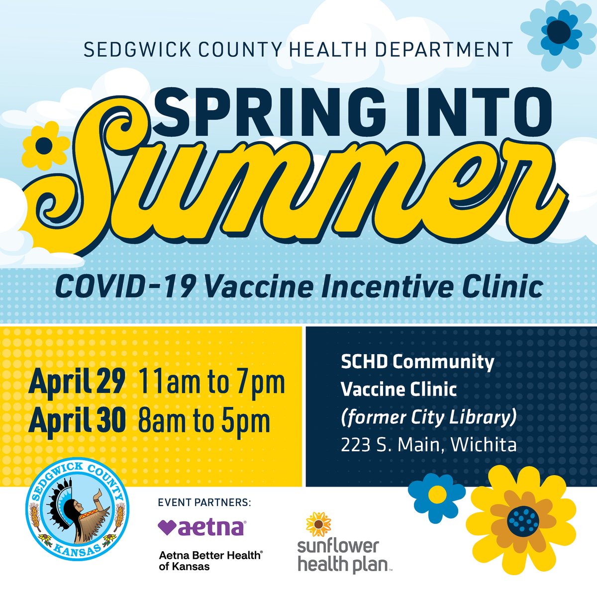 SedgwickCounty's tweet photo. Please join us for the Spring Into Summer COVID-19 vaccine incentive clinic!

Both days:
$50 Visa gift cards for first &amp; booster doses
T-shirts for second doses

Saturday, 4/30 | 12-4 p.m. • Face painting &amp; balloon animals for the kids https://t.co/IuZgXVsUxq