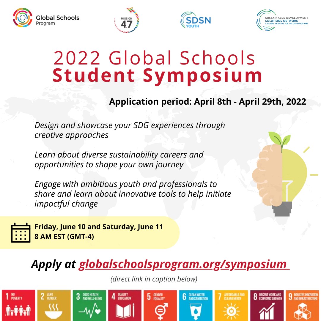 📣CALLING TALENTED STUDENTS worldwide who are passionate about creating solutions to curb climate change to apply for the 2022 #GlobalSchools Student Symposium! 

Giving students the opportunity to show their work on SDGs! 

👉Find out more: globalschoolsprogram.org/symposium
