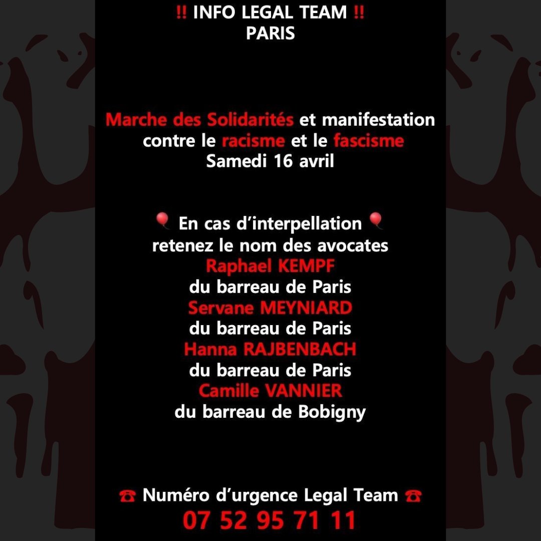 PeupleRevolte's tweet photo. 🔴Info Légal Team (avocat•e•s à contacter) pour les manifestations de demain à #Paris en particulier celle contre le #Racisme et le #Fascisme (14h - Place de la Nation).

➡️Numéro d'urgence :
07.52.95.71.11

#PasUneVoixPourLePen 
#NiMacronNiLePen #Presidentielle2022 https://t.co/RGlJVSZiAD