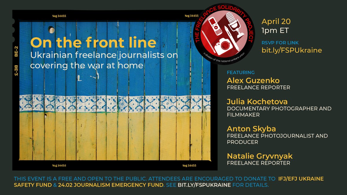 Thrilled to be hosting this @fsp_nwu panel next week featuring Ukrainian freelance journalists! Come hear from @yeah_kochetova @nataliegryvnyak @begemotus_ & Alex Guzenko about what it's like covering the war & how we can support freelancers. RSVP here: bit.ly/fspukraine