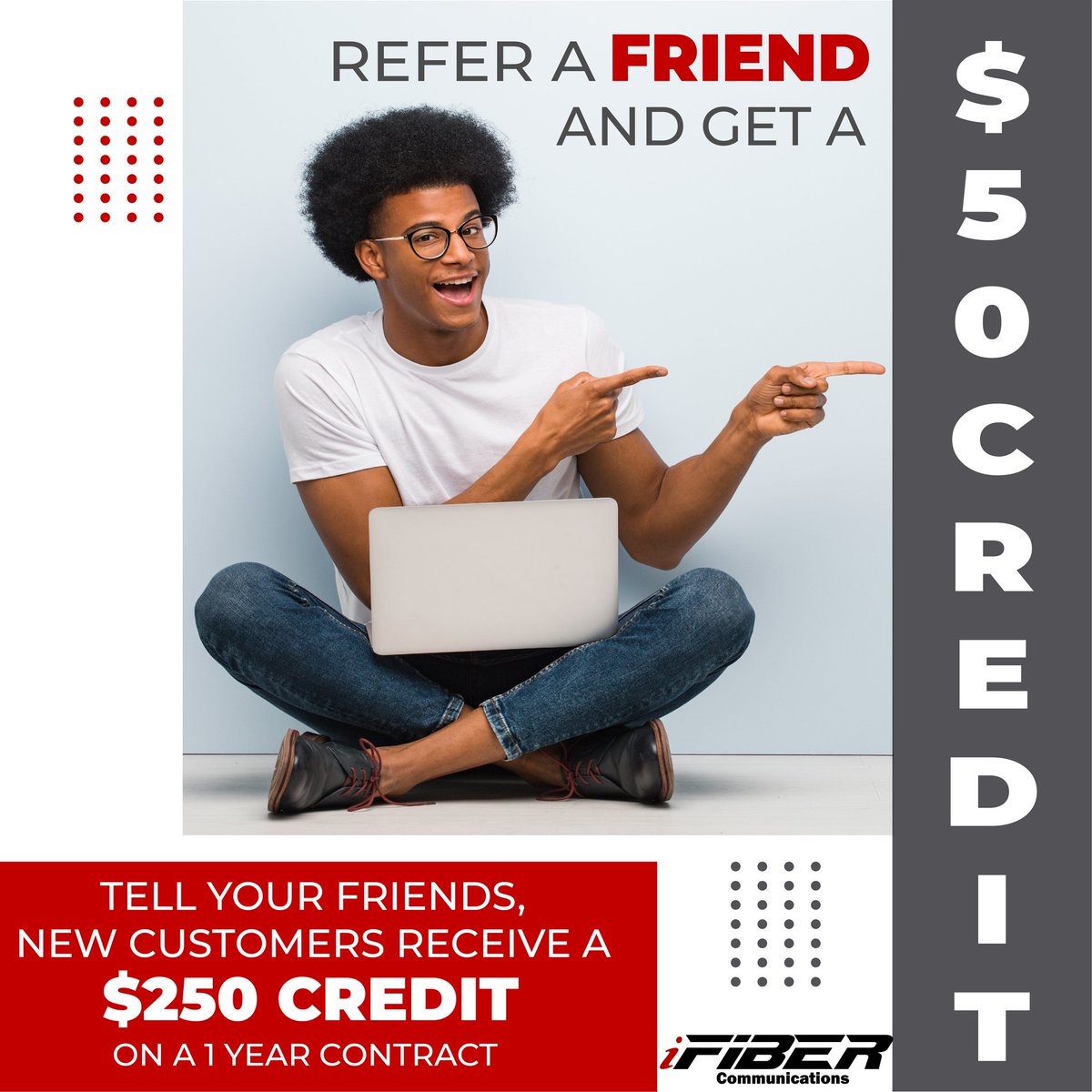 iFIBERComm's tweet photo. Refer your friends and family members, receive a $50 credit to your account for each one that signs up.

#highspeedinternet #fiberinternet #iFIBER #iFIBERCommunications #internet #wifi #fiberoptics #telecom #ISP #referafriend #internetdeal https://t.co/yQQuB5z3O0