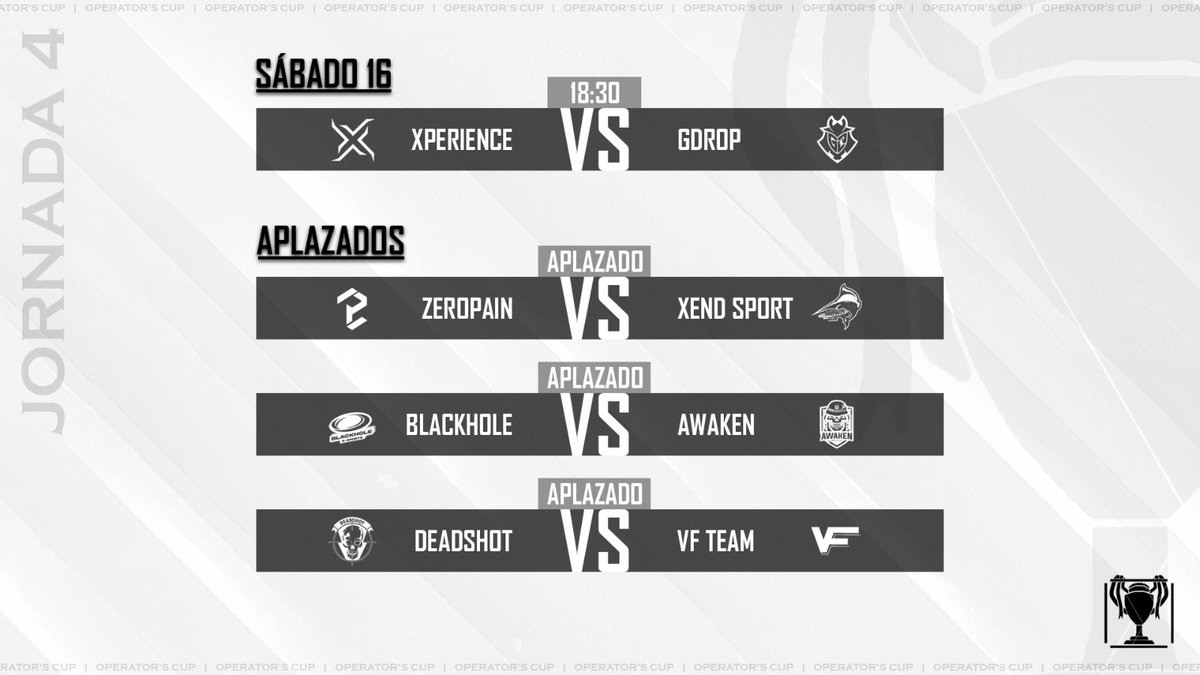 OperatorsCup's tweet image. 𝗛𝗼𝗿𝗮𝗿𝗶𝗼 𝗷𝗼𝗿𝗻𝗮𝗱𝗮 𝟰

📅𝗦𝗮́𝗯𝗮𝗱𝗼 𝟭𝟲

18:30 @Xperiencexp1 🆚 @GDrop_R6 

❌𝗔𝗽𝗹𝗮𝘇𝗮𝗱𝗼𝘀

@Teamzeropain 🆚 @XendEsports 
@BlackholeSports 🆚 @AwakenMilitia 
DeaDshoT 🆚 VF Team