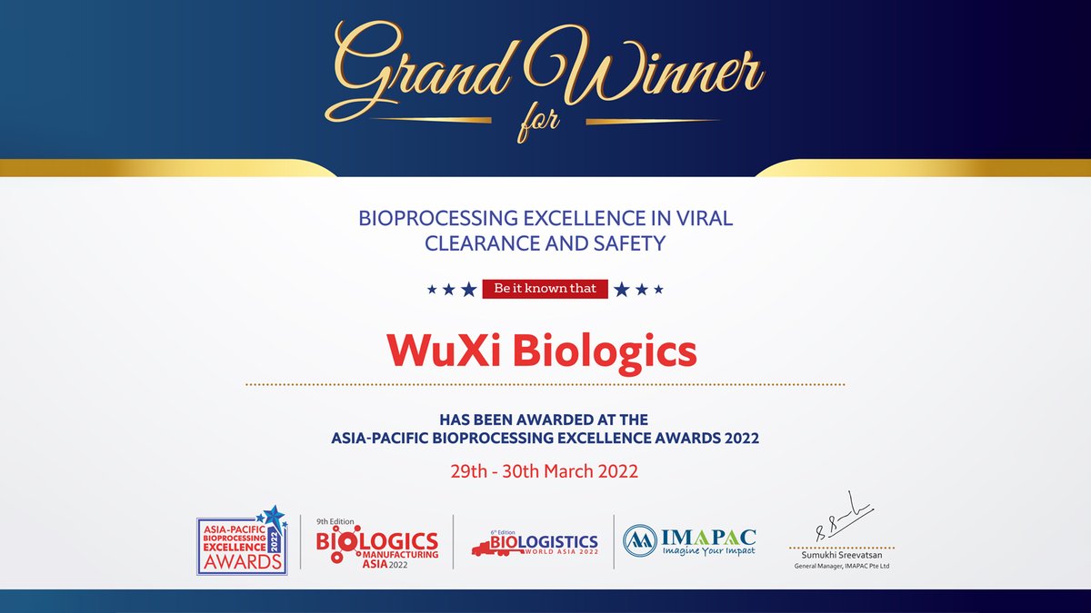 WuXiBiologics's tweet photo. Singapore, April 15, 2022 – WuXi Biologics today announced that the company received the award for Bioprocessing Excellence in Viral Clearance and Safety at the Asia-Pacific Bioprocessing Excellence Awards (ABEA) 2022 event.
https://t.co/Mkn4pnSLqz
#IMAPAC #biopharmaceutica https://t.co/J4xRCCleFC