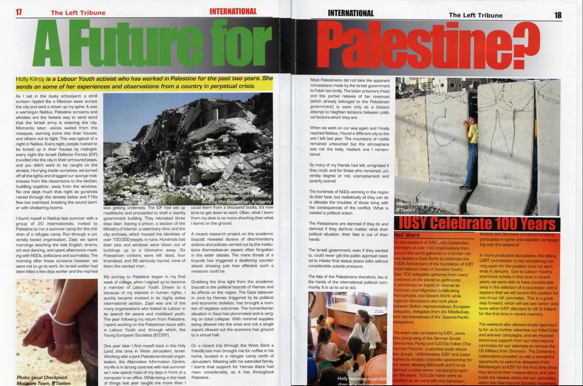 'A Future for Palestine?' A 2007 account of working in Palestine from a @labouryouth activist. From their magazine, Left Tribune. leftarchive.ie/document/view/…